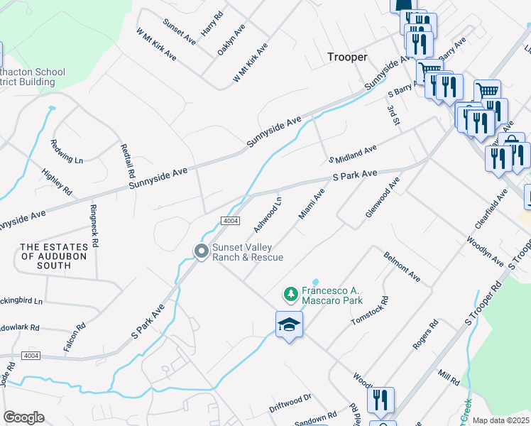 map of restaurants, bars, coffee shops, grocery stores, and more near 5 Ashwood Lane in Eagleville
