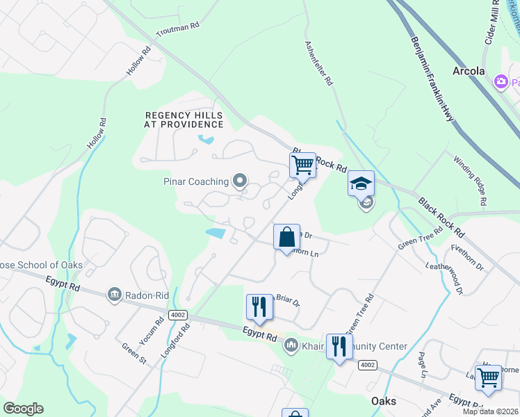 map of restaurants, bars, coffee shops, grocery stores, and more near 121 Farrington Court in Collegeville