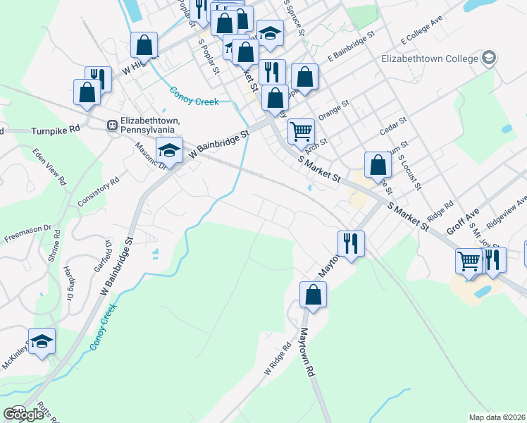 map of restaurants, bars, coffee shops, grocery stores, and more near 3 Arrow Head Drive in Elizabethtown