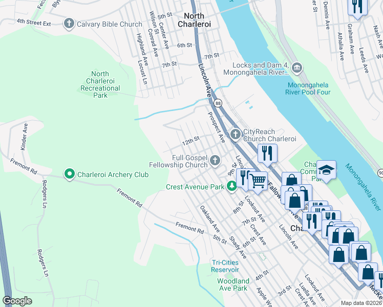 map of restaurants, bars, coffee shops, grocery stores, and more near 1108 Shady Avenue in Charleroi