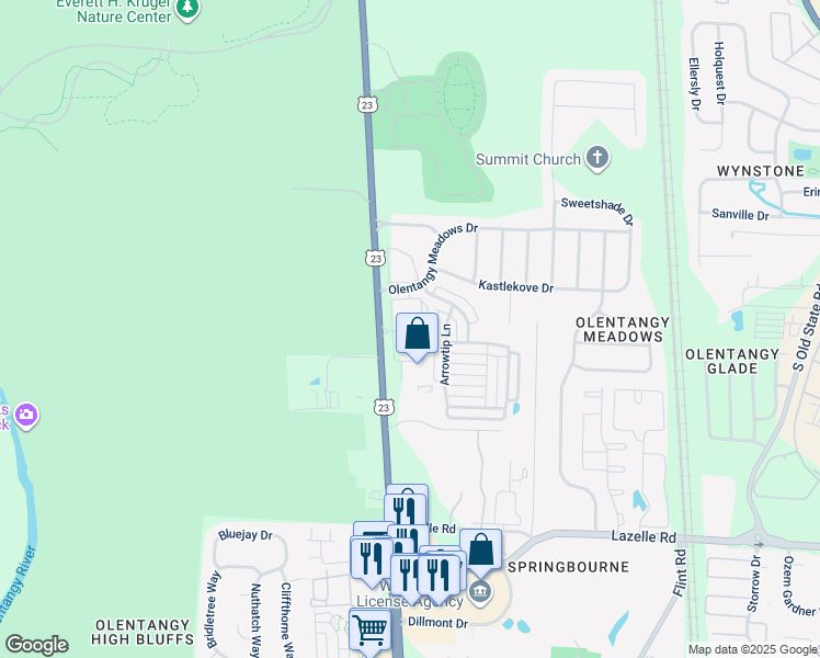 map of restaurants, bars, coffee shops, grocery stores, and more near 8678 Columbus Pike in Lewis Center