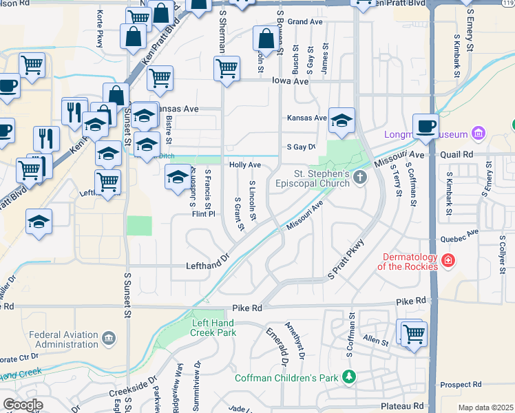 map of restaurants, bars, coffee shops, grocery stores, and more near 1335 South Lincoln Street in Longmont
