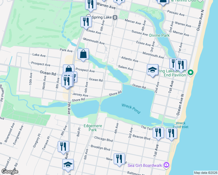 map of restaurants, bars, coffee shops, grocery stores, and more near 421 Ocean Road in Spring Lake