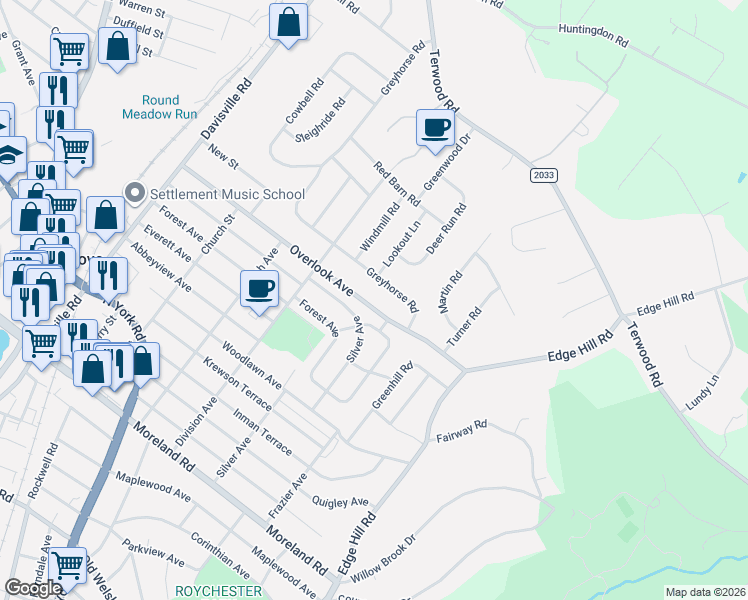 map of restaurants, bars, coffee shops, grocery stores, and more near 409 Greyhorse Road in Willow Grove