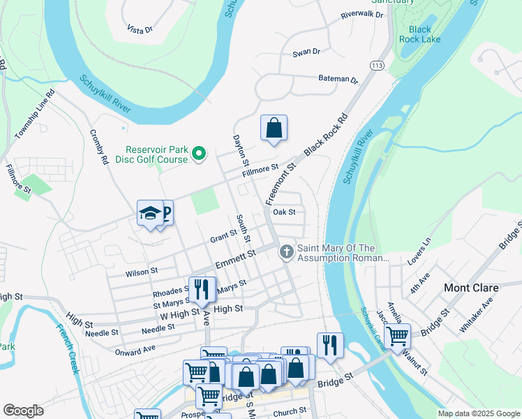 map of restaurants, bars, coffee shops, grocery stores, and more near 422 Dayton Street in Phoenixville