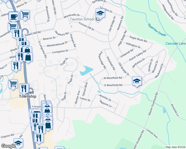 map of restaurants, bars, coffee shops, grocery stores, and more near 10 Sylvan Boulevard in Howell Township