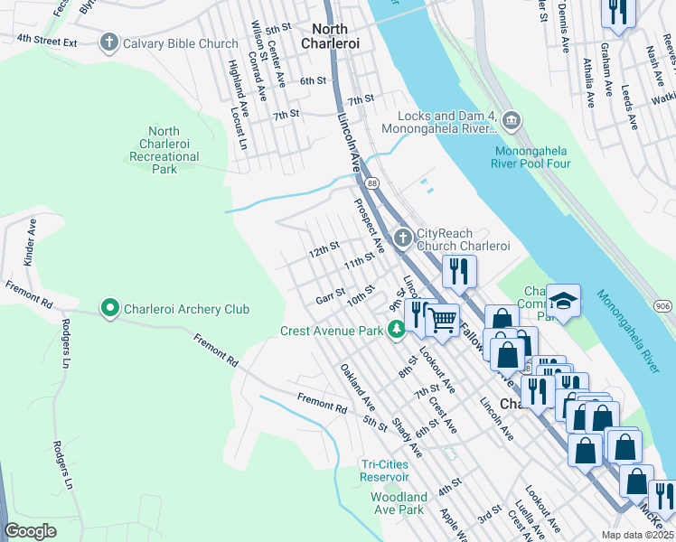 map of restaurants, bars, coffee shops, grocery stores, and more near 783 11th Street in Charleroi