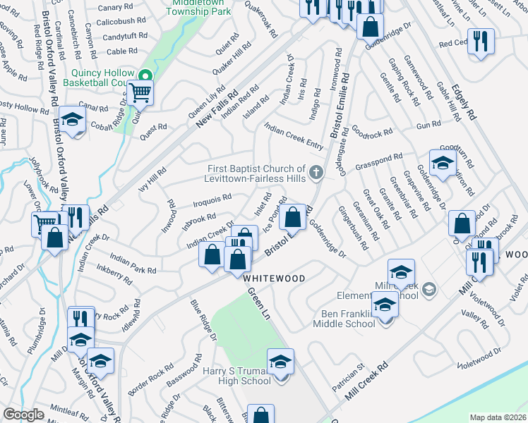 map of restaurants, bars, coffee shops, grocery stores, and more near 32 Inlet Road in Levittown