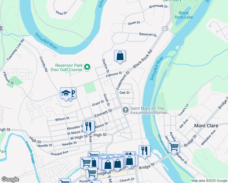 map of restaurants, bars, coffee shops, grocery stores, and more near 422 Dayton Street in Phoenixville