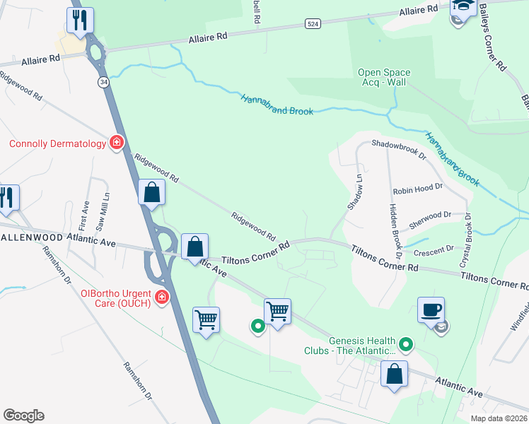 map of restaurants, bars, coffee shops, grocery stores, and more near 2500 Ridgewood Road in Monmouth County