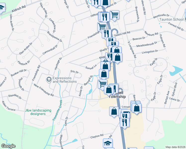 map of restaurants, bars, coffee shops, grocery stores, and more near 38 Bernard Drive in Howell Township