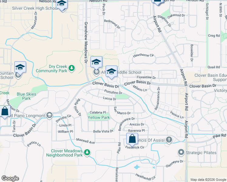 map of restaurants, bars, coffee shops, grocery stores, and more near 4534 Portofino Drive in Longmont