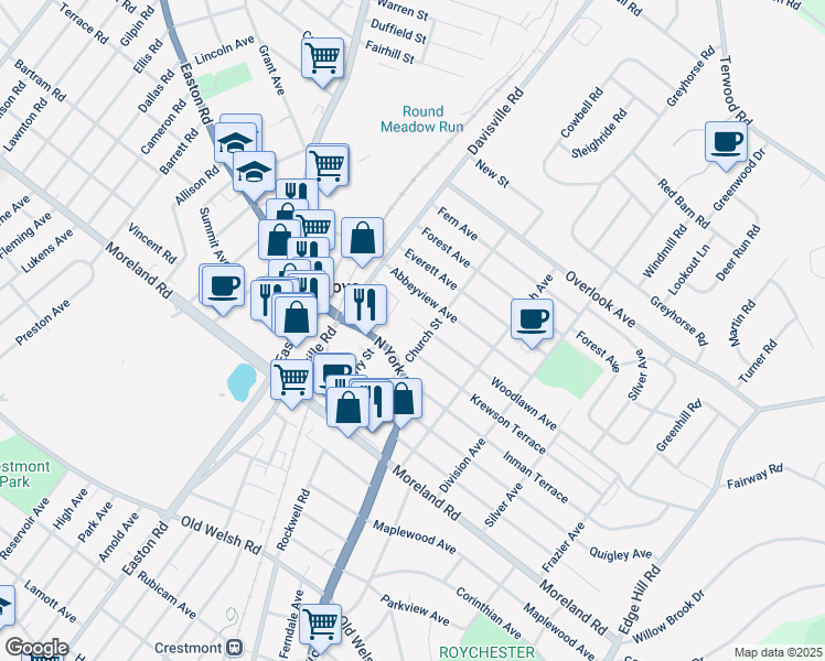 map of restaurants, bars, coffee shops, grocery stores, and more near 211 Church Street in Willow Grove