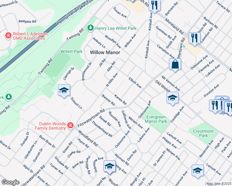 map of restaurants, bars, coffee shops, grocery stores, and more near 2951 Kanes Road in Willow Grove