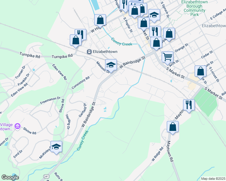 map of restaurants, bars, coffee shops, grocery stores, and more near 21 Yorkshire Court in Elizabethtown