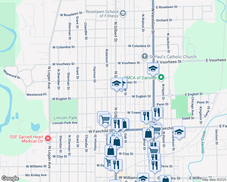 map of restaurants, bars, coffee shops, grocery stores, and more near 1100-1128 North Gilbert Street in Danville