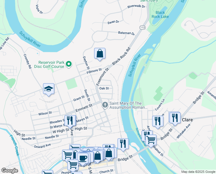 map of restaurants, bars, coffee shops, grocery stores, and more near 33 Oak Street in Phoenixville