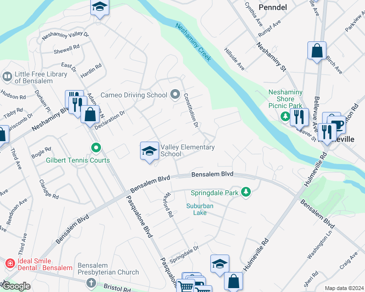 map of restaurants, bars, coffee shops, grocery stores, and more near 6337 Musket Court in Bensalem