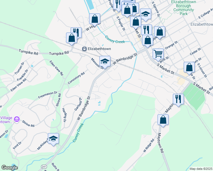 map of restaurants, bars, coffee shops, grocery stores, and more near 21 Yorkshire Court in Elizabethtown