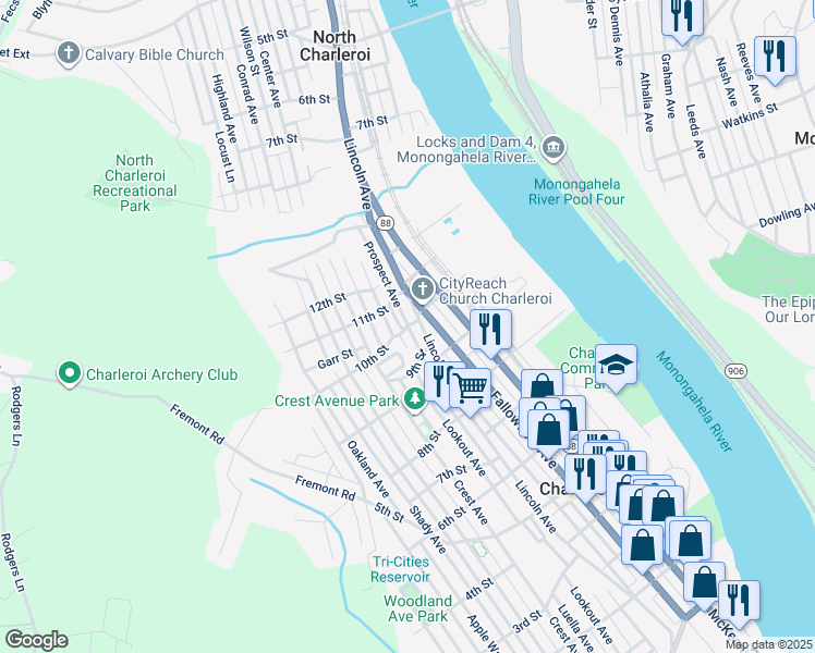 map of restaurants, bars, coffee shops, grocery stores, and more near 410 10th Street in Charleroi