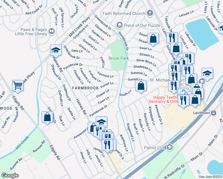 map of restaurants, bars, coffee shops, grocery stores, and more near 51 Flower Lane in Levittown