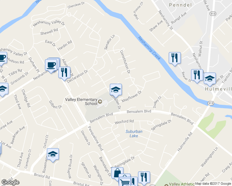 map of restaurants, bars, coffee shops, grocery stores, and more near 6337 Musket Court in Bensalem