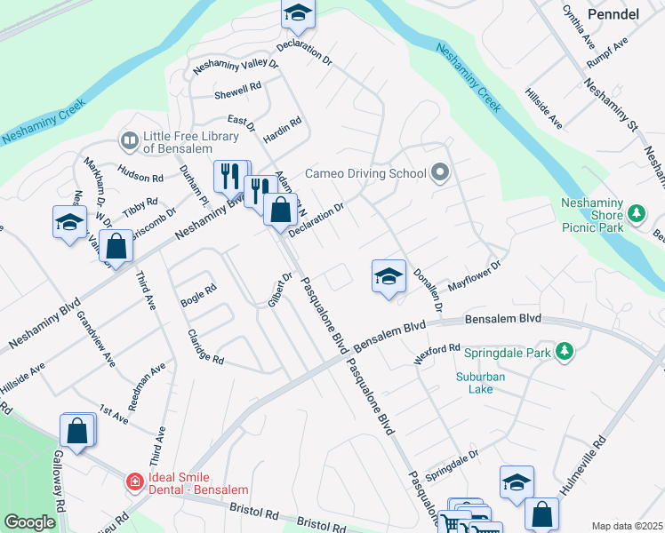 map of restaurants, bars, coffee shops, grocery stores, and more near 3145 Independence Court in Bensalem