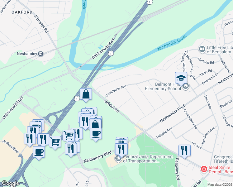map of restaurants, bars, coffee shops, grocery stores, and more near 4575 Grandview Avenue in Bucks County