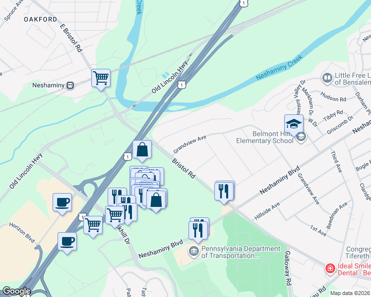 map of restaurants, bars, coffee shops, grocery stores, and more near 4575 Grandview Avenue in Bensalem