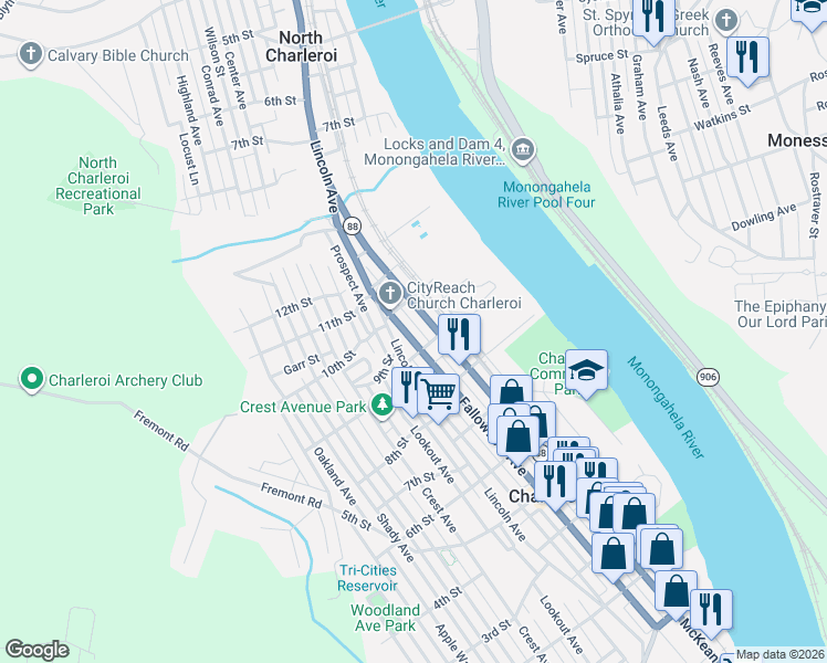 map of restaurants, bars, coffee shops, grocery stores, and more near 928 Fallowfield Avenue in Charleroi