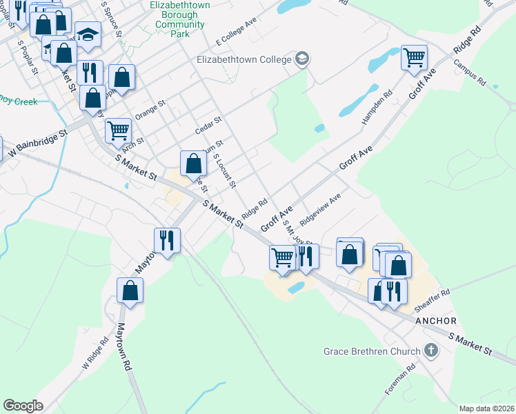map of restaurants, bars, coffee shops, grocery stores, and more near 239 Ridge Rd in Elizabethtown