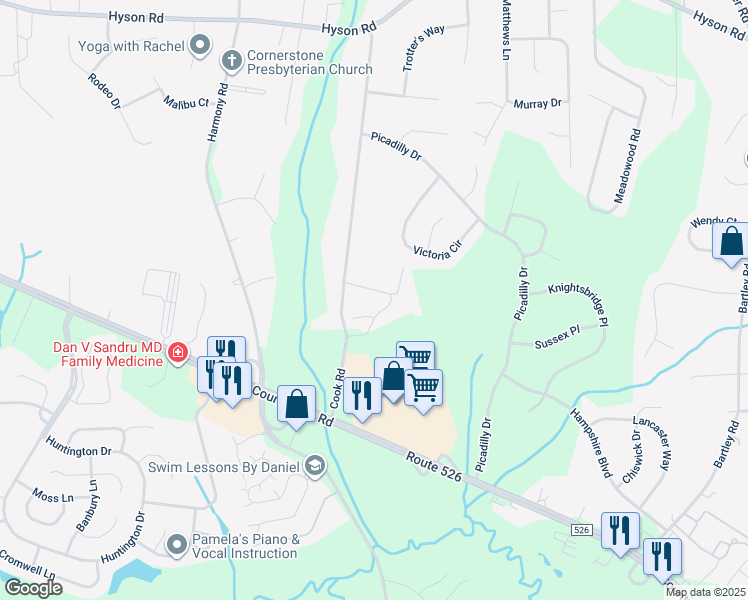 map of restaurants, bars, coffee shops, grocery stores, and more near 316 Pomponio Place in Jackson Township