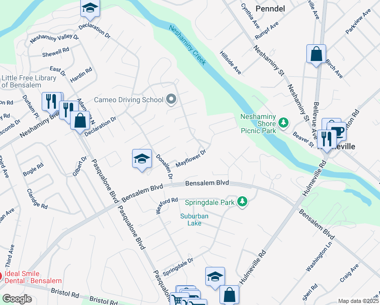 map of restaurants, bars, coffee shops, grocery stores, and more near 3013 Alcott Court in Bensalem