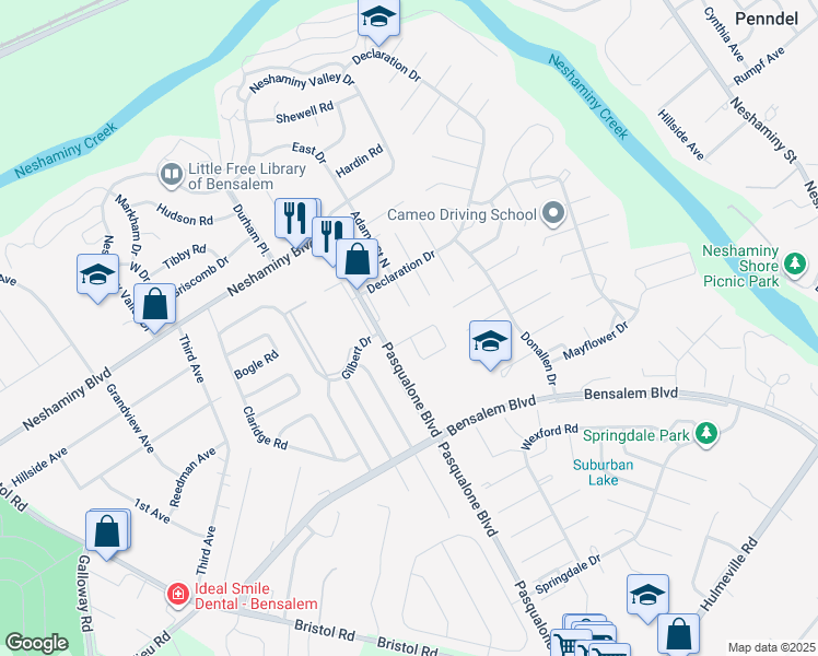 map of restaurants, bars, coffee shops, grocery stores, and more near 3133 Independence Court in Bensalem