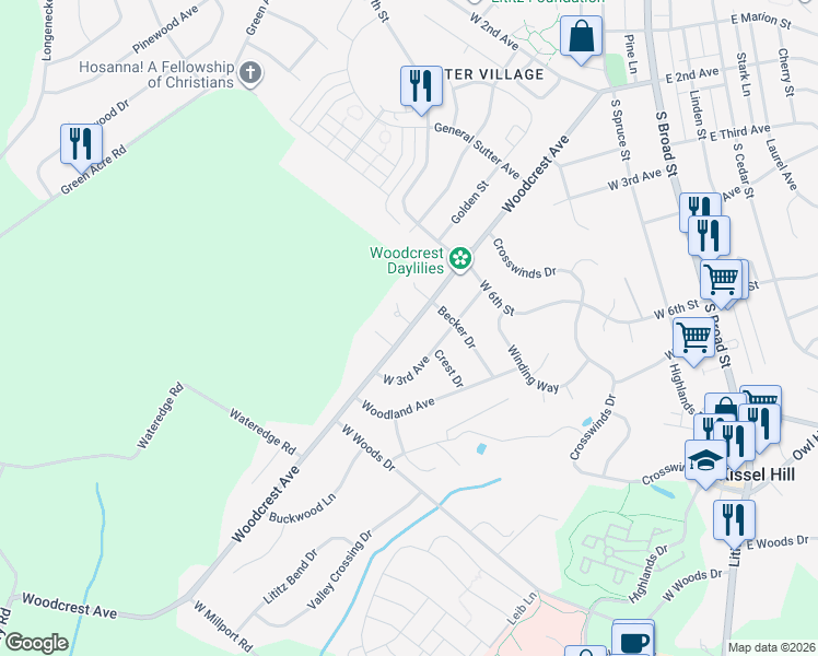 map of restaurants, bars, coffee shops, grocery stores, and more near 620 Woodcrest Avenue in Lititz