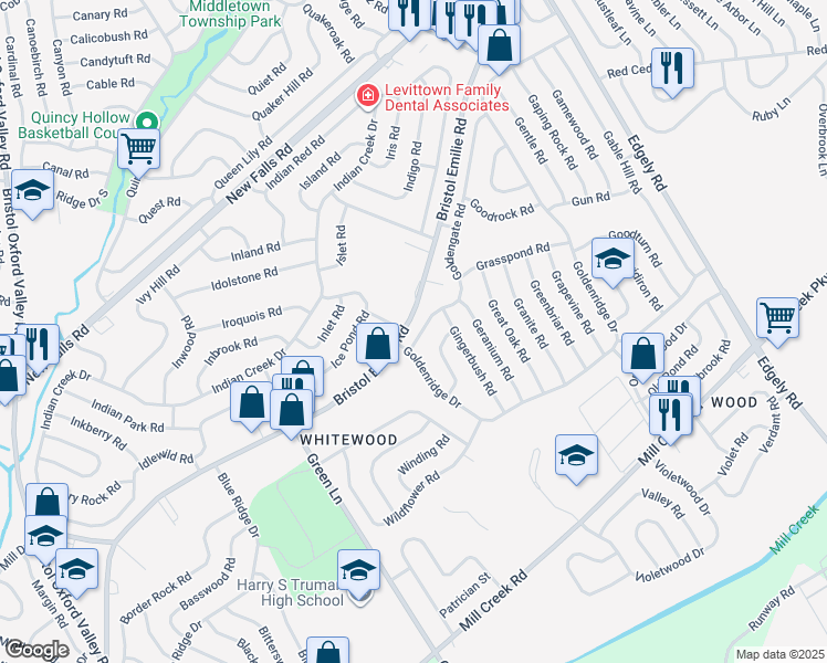 map of restaurants, bars, coffee shops, grocery stores, and more near 7 Goldengate Road in Levittown