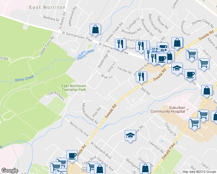 map of restaurants, bars, coffee shops, grocery stores, and more near 2607 Hillcrest Avenue in Norristown