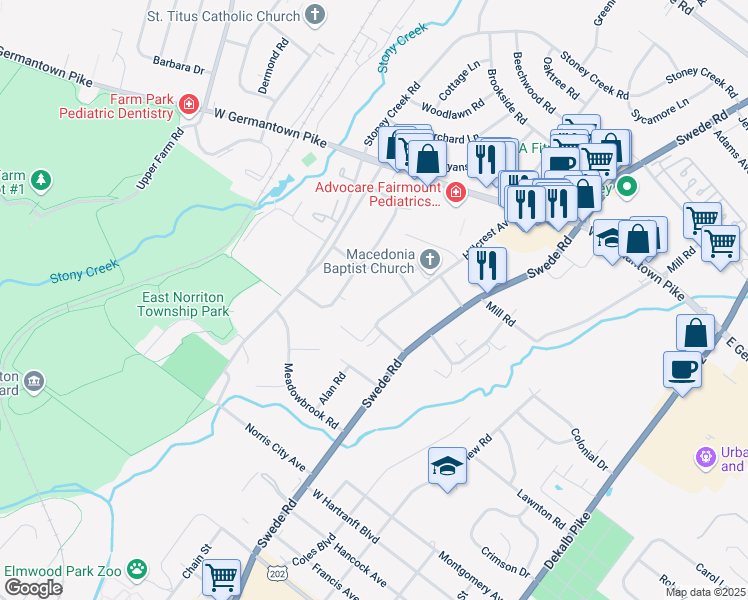 map of restaurants, bars, coffee shops, grocery stores, and more near 2607 Hillcrest Avenue in Norristown