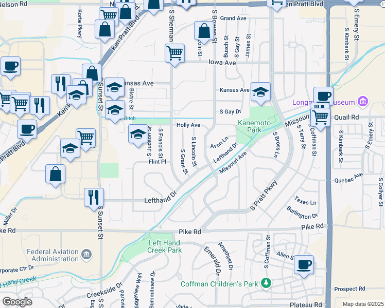 map of restaurants, bars, coffee shops, grocery stores, and more near 1335 South Lincoln Street in Longmont