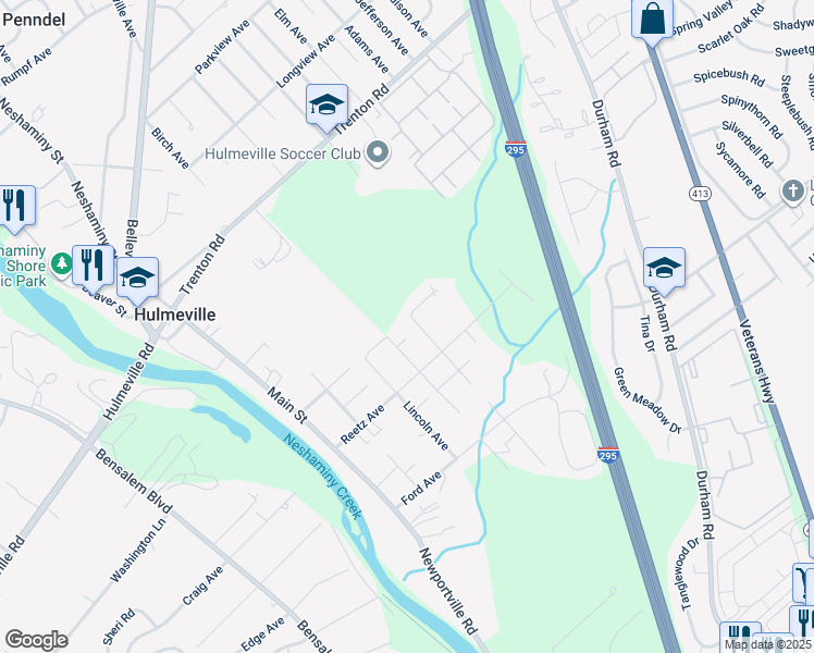 map of restaurants, bars, coffee shops, grocery stores, and more near 432 Pennsylvania Avenue in Hulmeville