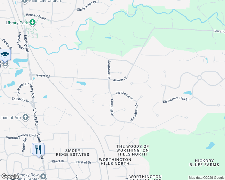 map of restaurants, bars, coffee shops, grocery stores, and more near 2404 Clairborne Drive in Powell