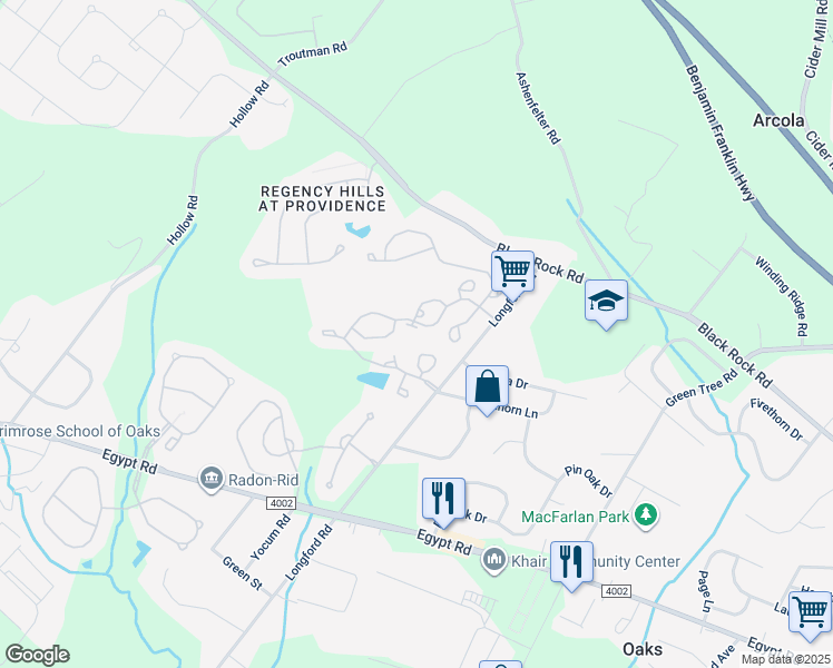 map of restaurants, bars, coffee shops, grocery stores, and more near 508 Andover Lane in Collegeville