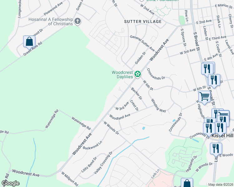 map of restaurants, bars, coffee shops, grocery stores, and more near 620 Woodcrest Avenue in Lititz