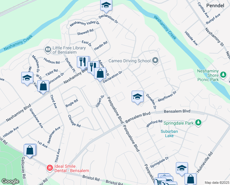 map of restaurants, bars, coffee shops, grocery stores, and more near 3133 Independence Court in Bensalem