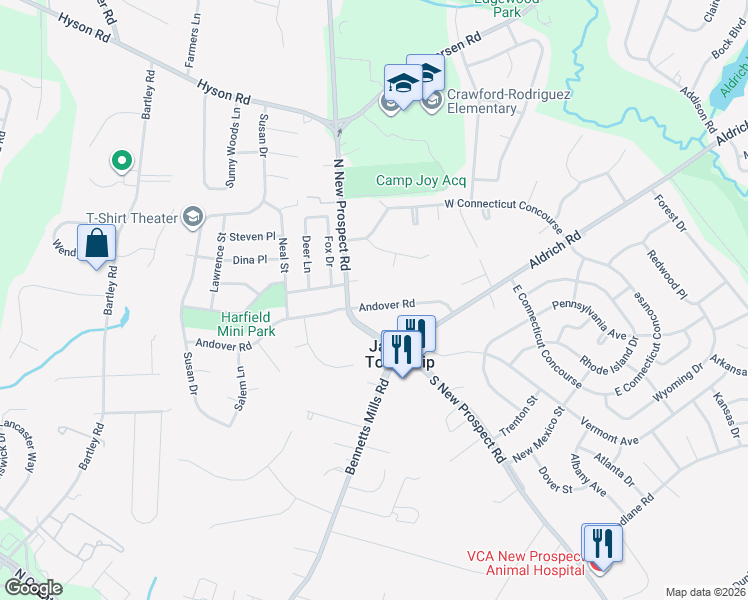 map of restaurants, bars, coffee shops, grocery stores, and more near 40 Andover Road in Jackson Township