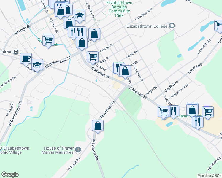 map of restaurants, bars, coffee shops, grocery stores, and more near 810 South Market Street in Elizabethtown