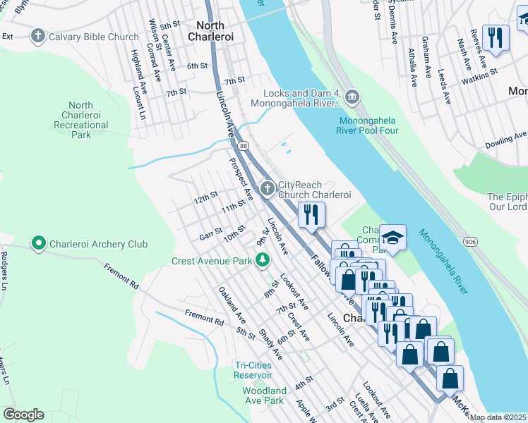 map of restaurants, bars, coffee shops, grocery stores, and more near 410 10th Street in Charleroi