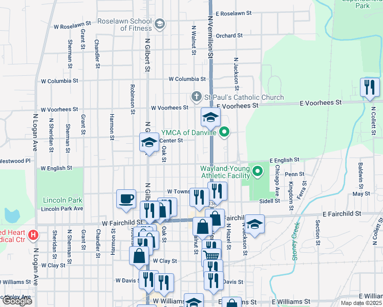 map of restaurants, bars, coffee shops, grocery stores, and more near 1101-1131 North Walnut Street in Danville