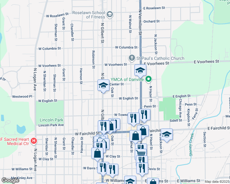 map of restaurants, bars, coffee shops, grocery stores, and more near 1100-1198 Oak Street in Danville