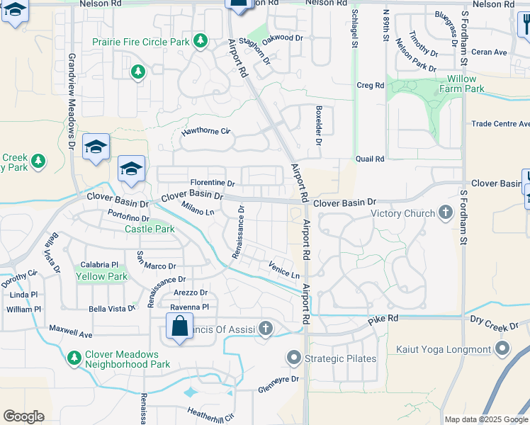 map of restaurants, bars, coffee shops, grocery stores, and more near 1420 Renaissance Drive in Longmont